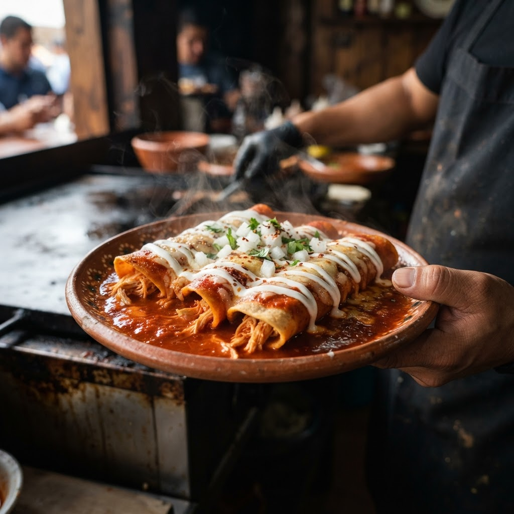Enchiladas rojas enrolladas con queso fundido y crema