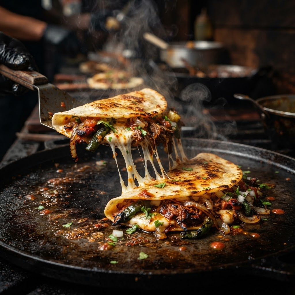 Gringa en el comal con queso mozzarella fundido, pastor, birria y pimentón asado